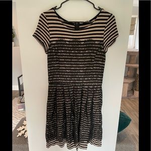 Anthropoligie Bordeaux lace/stripe dress. Fit and flare. Sz. M